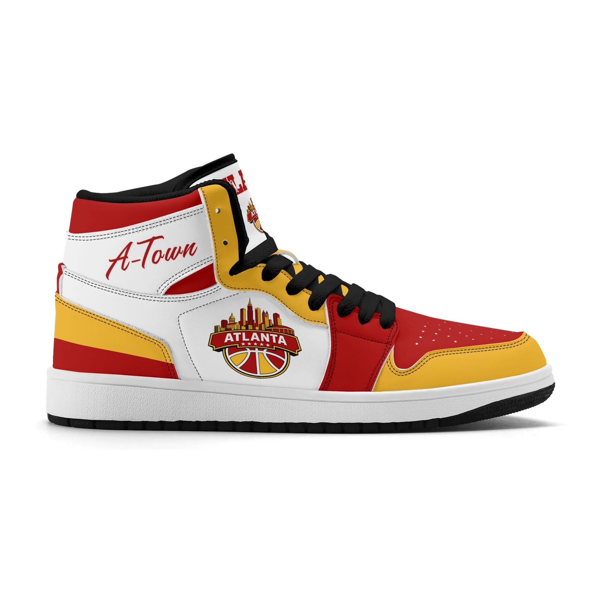 Atlanta basketball-inspired high top sneakers in white with all-over city graphic printed upper