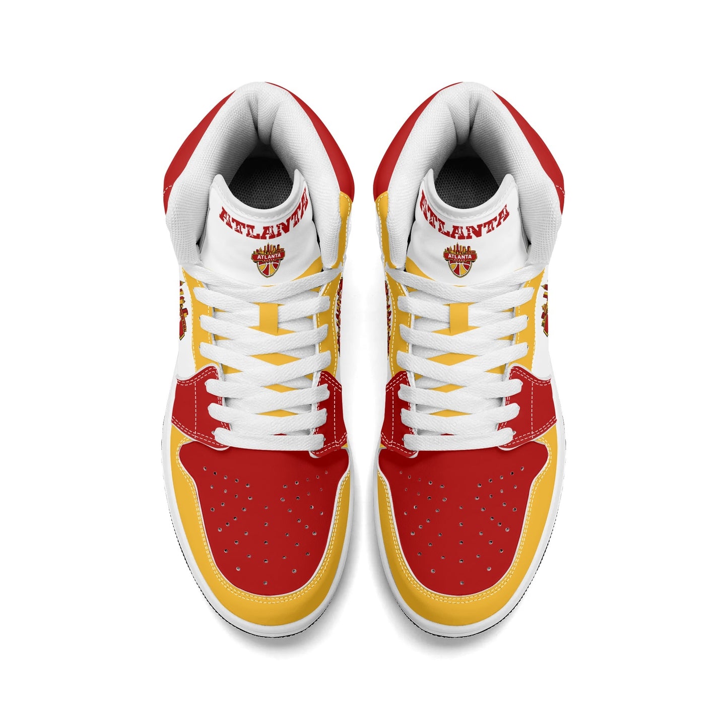 Atlanta basketball-inspired high top sneakers in white with all-over city graphic printed upper