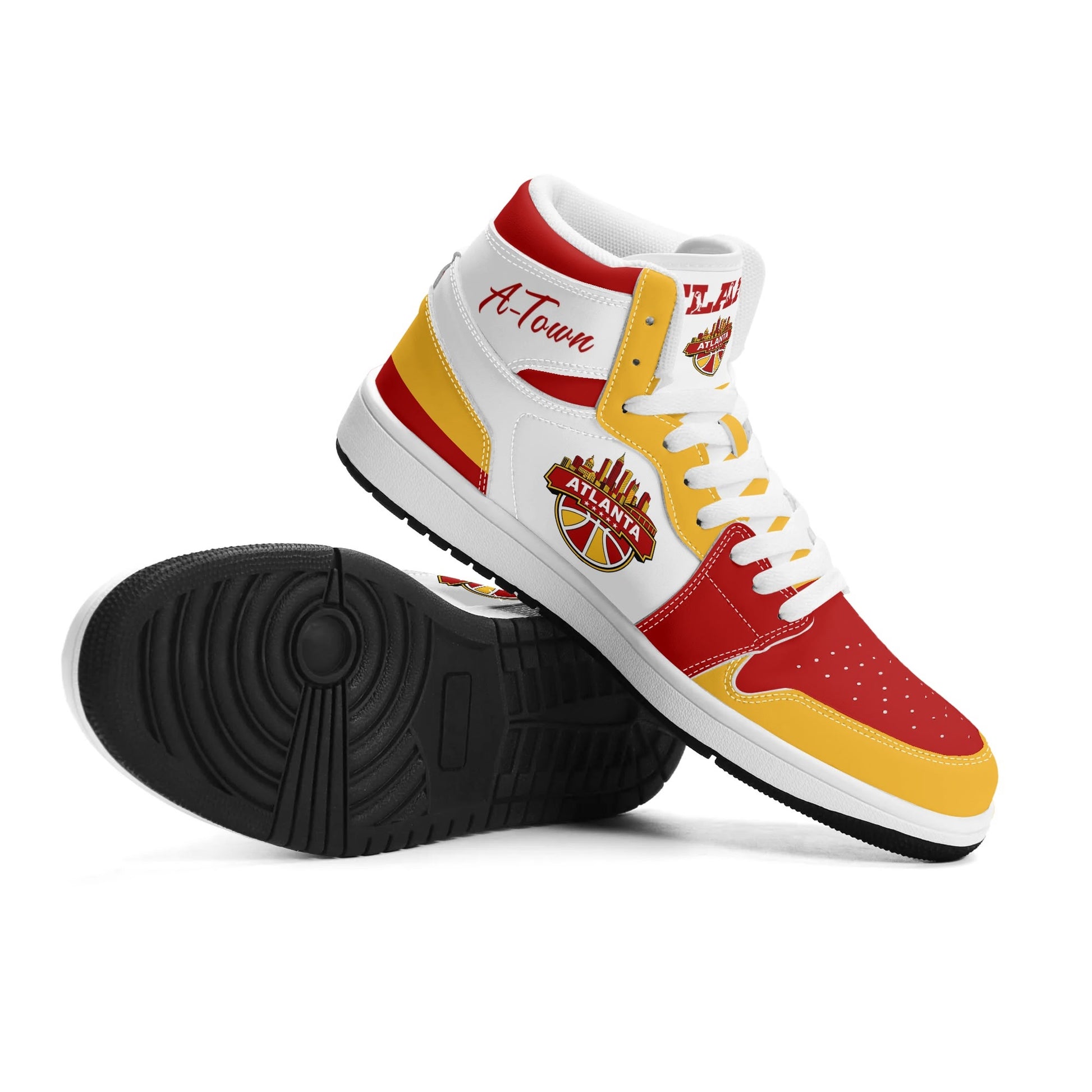 Atlanta basketball-inspired high top sneakers in white with all-over city graphic printed upper