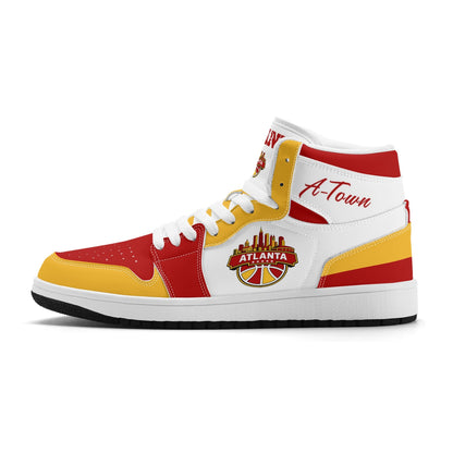 Atlanta basketball-inspired high top sneakers in white with all-over city graphic printed upper