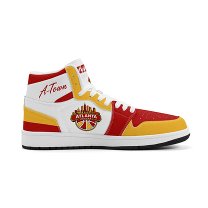 Atlanta basketball-inspired high top sneakers in white with all-over city graphic printed upper
