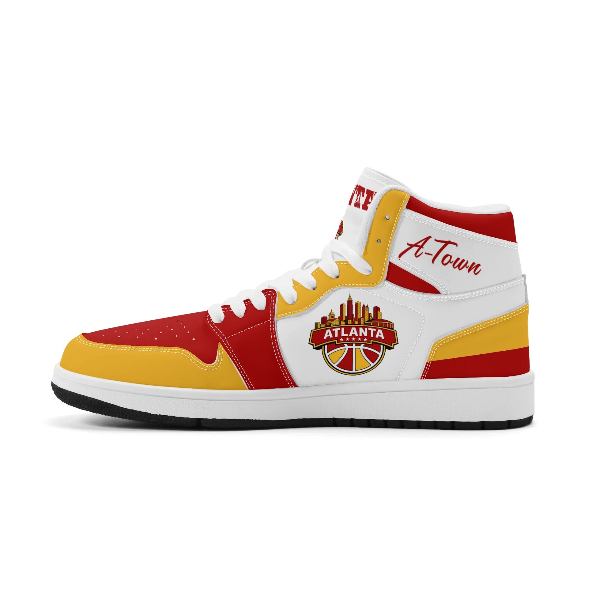 Atlanta basketball-inspired high top sneakers in white with all-over city graphic printed upper