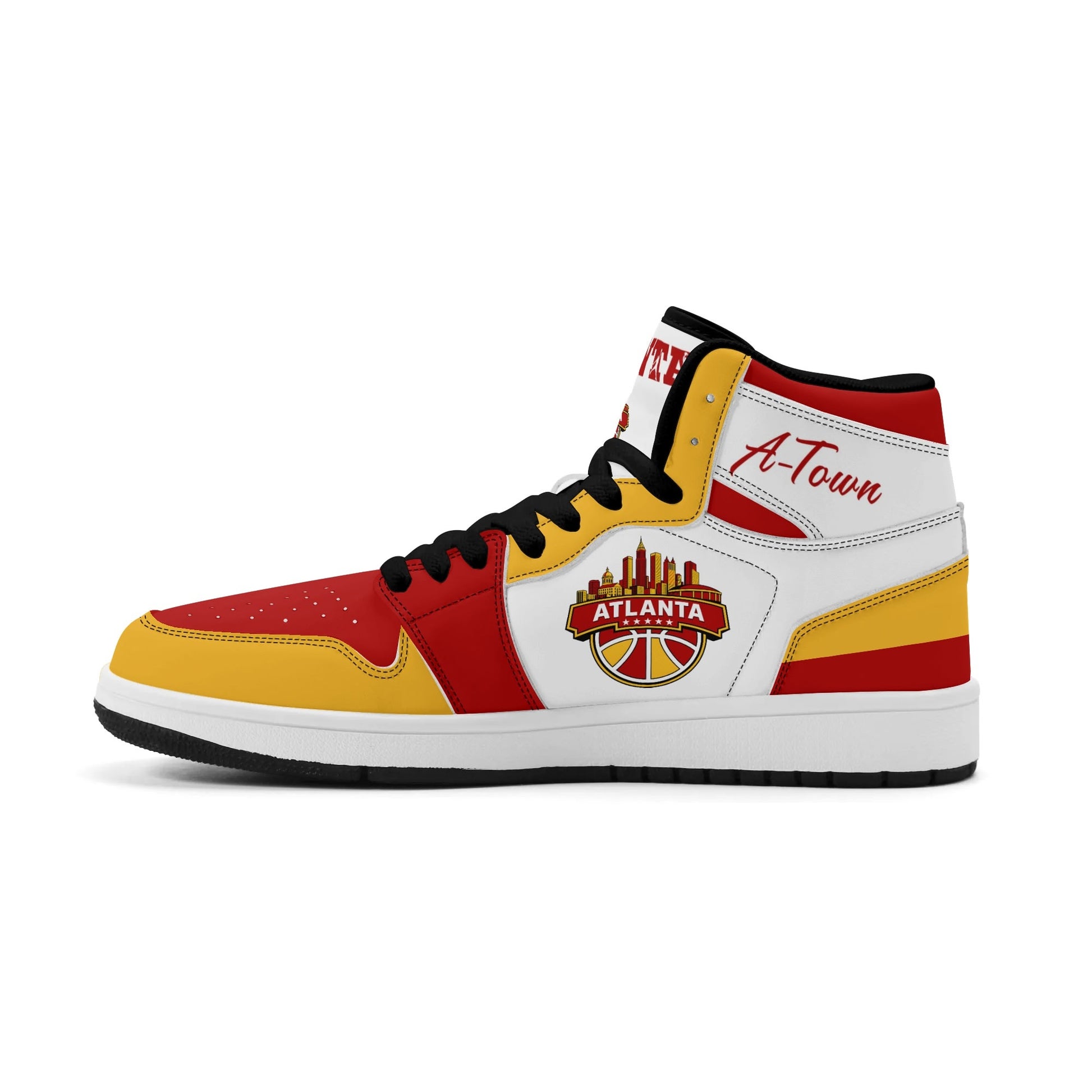 Atlanta basketball-inspired high top sneakers in white with all-over city graphic printed upper