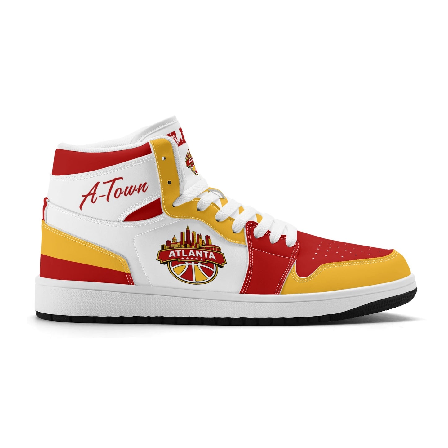 Atlanta basketball-inspired high top sneakers in white with all-over city graphic printed upper