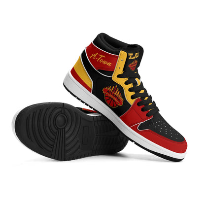 Atlanta basketball-inspired high top sneakers in black with all-over city graphic printed upper