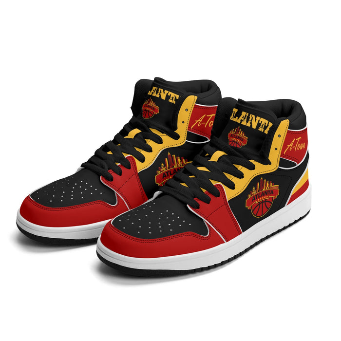 Atlanta basketball Jamrock High top sneakers in black, red and gold with A-Town script collar and ATLANTA skyline badge