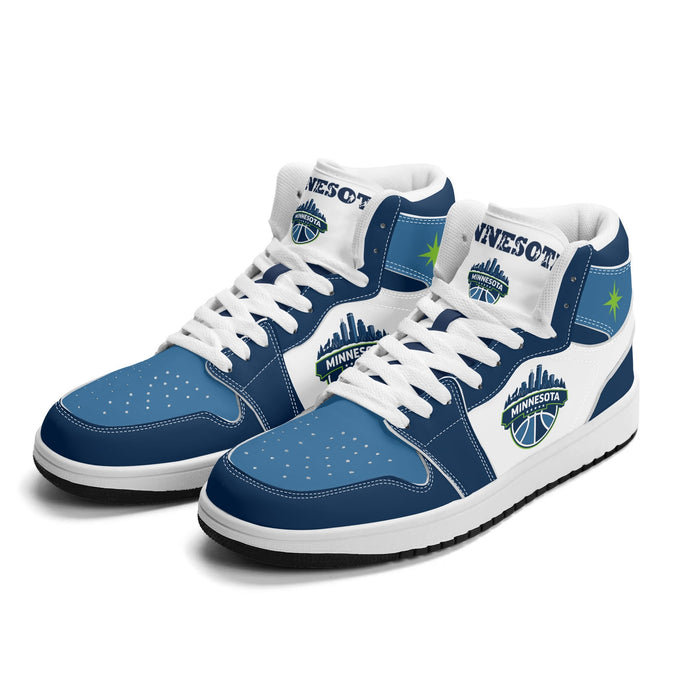 Minnesota basketball Jamrock High top sneakers in white, navy and teal with a green north star and MINNESOTA skyline badge
