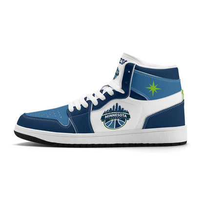 Minnesota basketball-inspired high top sneakers in white with all-over city graphic printed upper