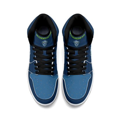 Minnesota basketball-inspired high top sneakers in navy with all-over city graphic printed upper