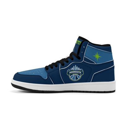 Minnesota basketball-inspired high top sneakers in navy with all-over city graphic printed upper