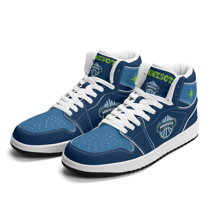 Minnesota basketball Jamrock High top sneakers in navy and teal with a green north star and MINNESOTA skyline badge