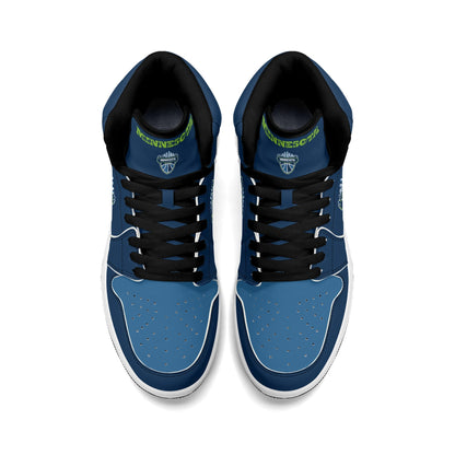 Minnesota basketball-inspired high top sneakers in navy with all-over city graphic printed upper