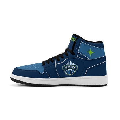 Minnesota basketball-inspired high top sneakers in navy with all-over city graphic printed upper