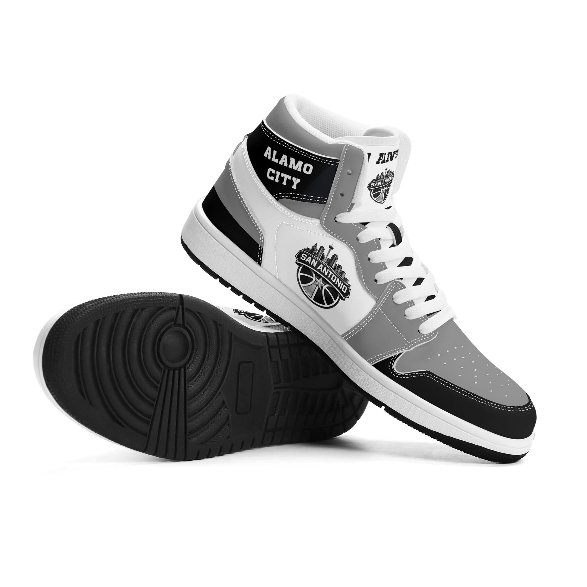 San Antonio basketball-inspired high top sneakers in white with all-over city graphic printed upper