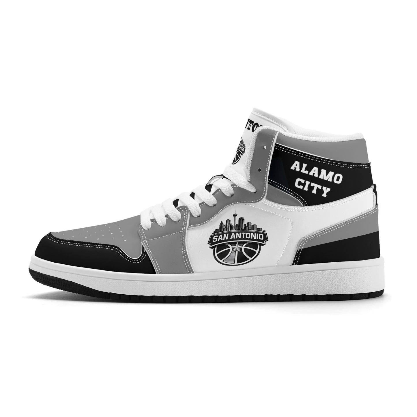 San Antonio basketball-inspired high top sneakers in white with all-over city graphic printed upper