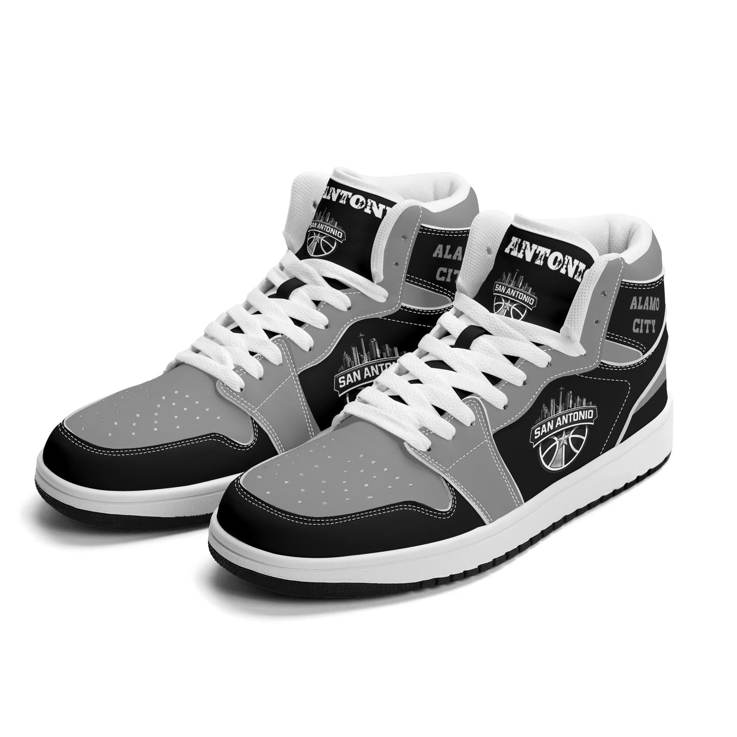 San Antonio basketball-inspired high top sneakers in black with all-over city graphic printed upper