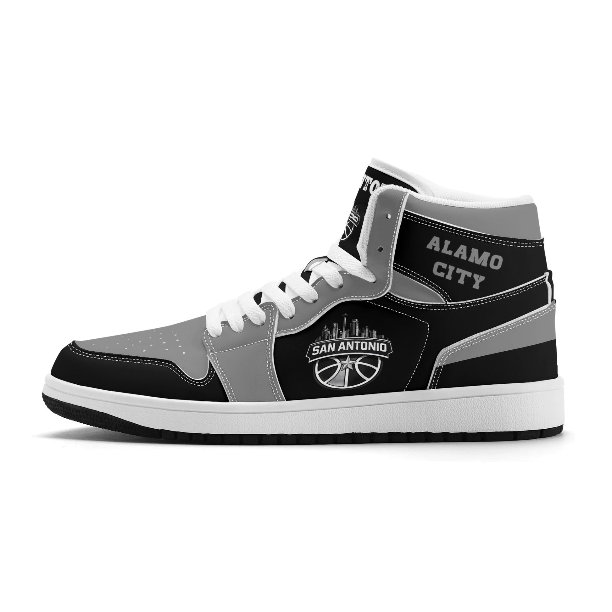 San Antonio basketball-inspired high top sneakers in black with all-over city graphic printed upper