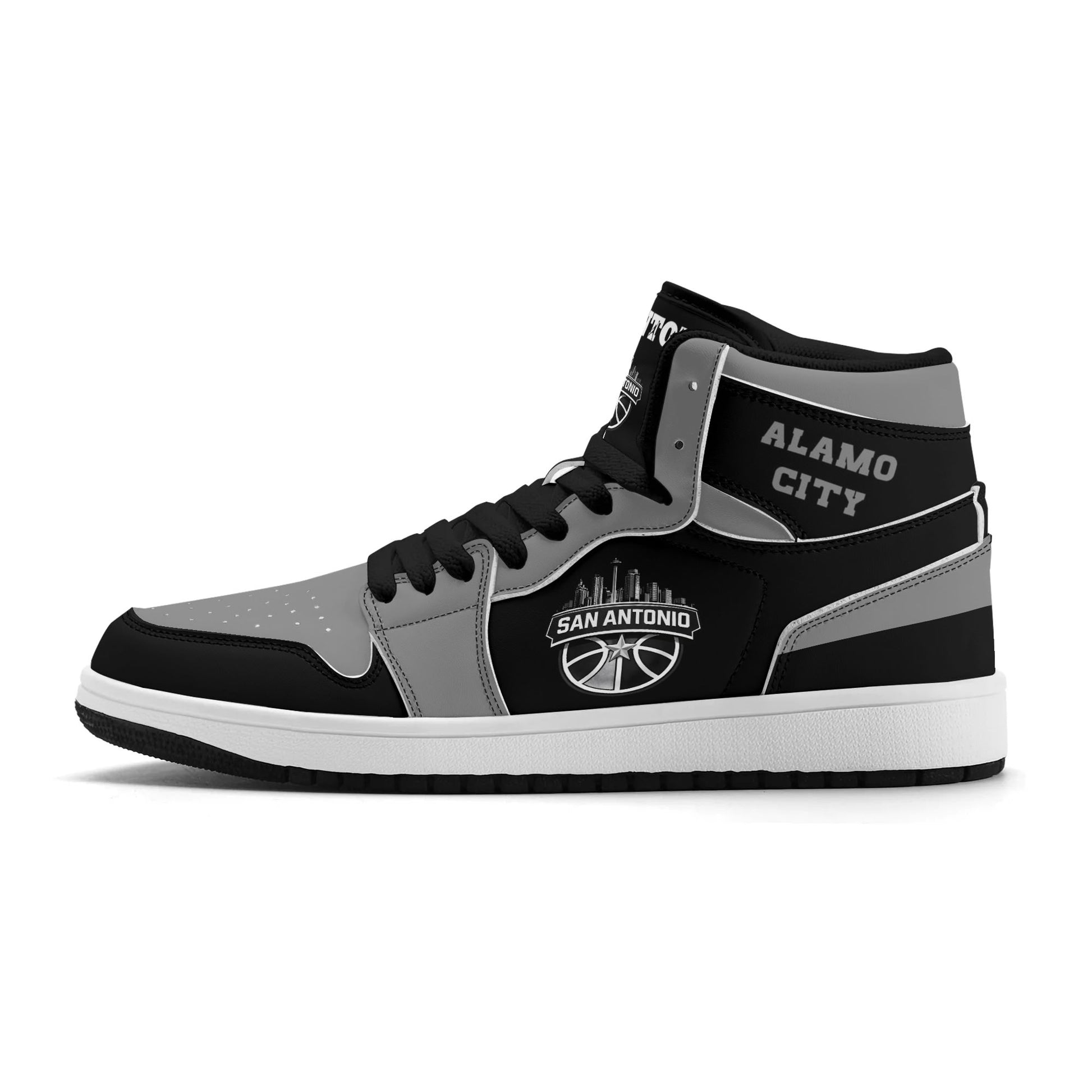 San Antonio basketball-inspired high top sneakers in black with all-over city graphic printed upper