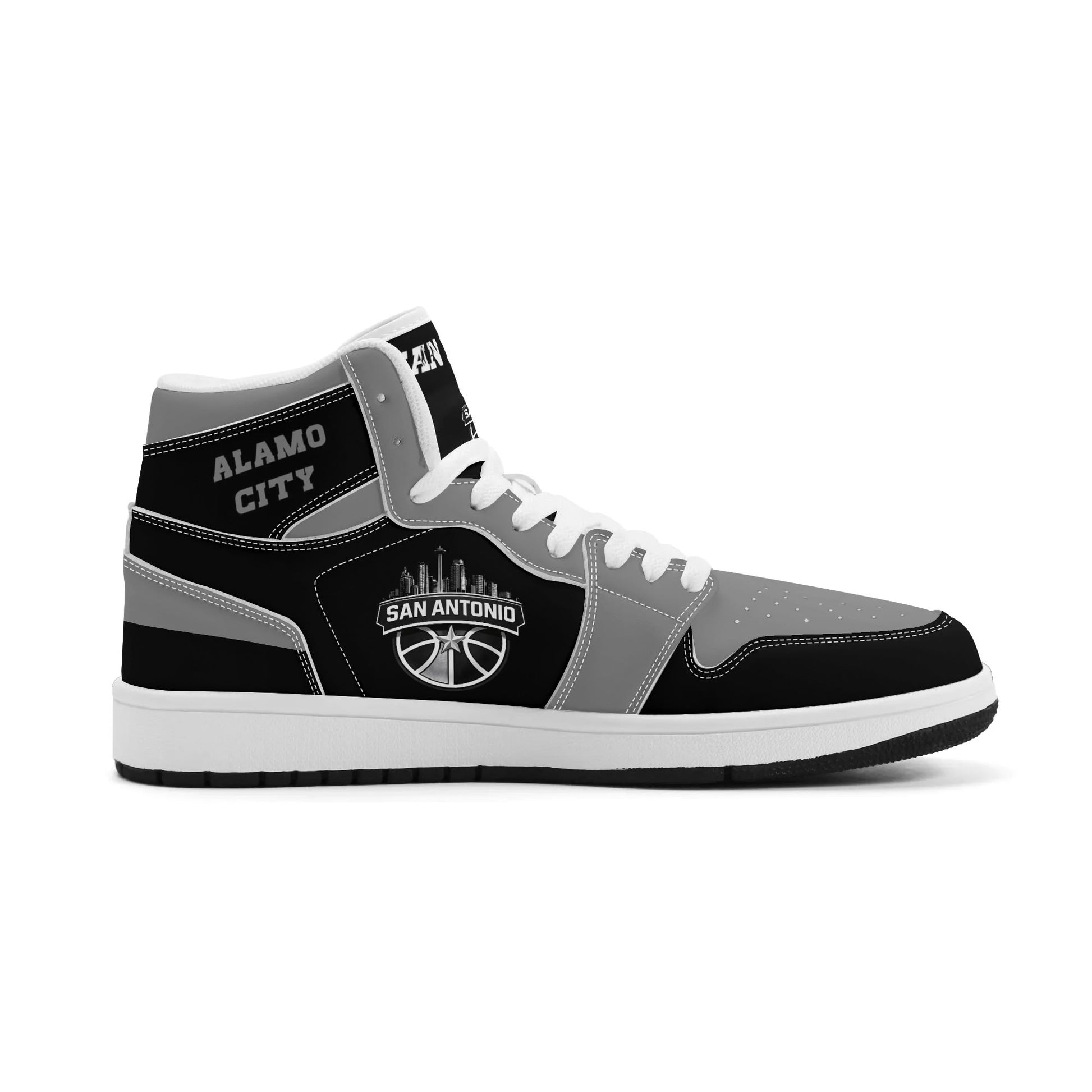 San Antonio basketball-inspired high top sneakers in black with all-over city graphic printed upper