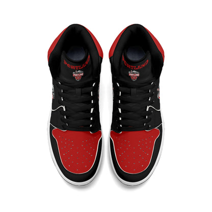 Portland basketball-inspired high top sneakers in black with all-over city graphic printed upper