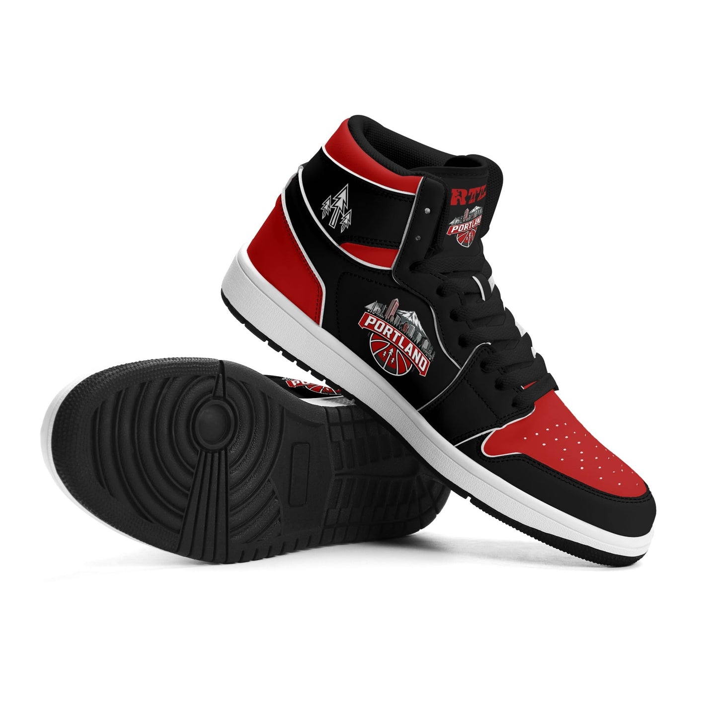 Portland basketball-inspired high top sneakers in black with all-over city graphic printed upper