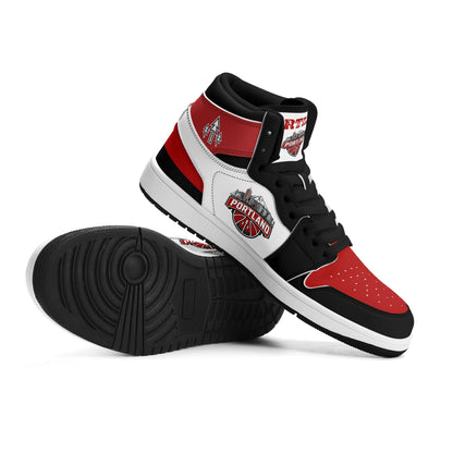 Portland basketball-inspired high top sneakers in white with all-over city graphic printed upper