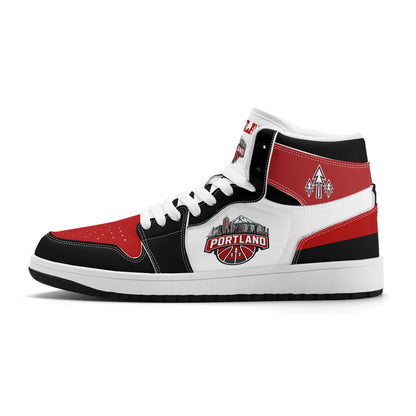 Portland basketball-inspired high top sneakers in white with all-over city graphic printed upper