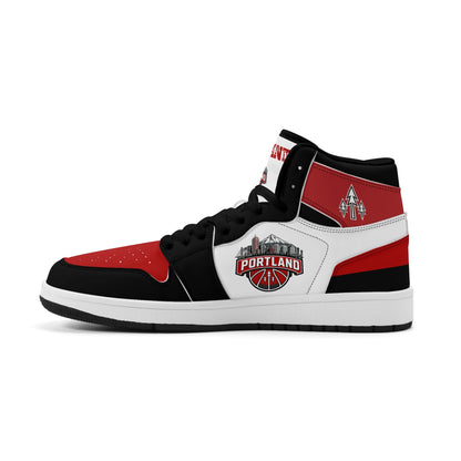 Portland basketball-inspired high top sneakers in white with all-over city graphic printed upper