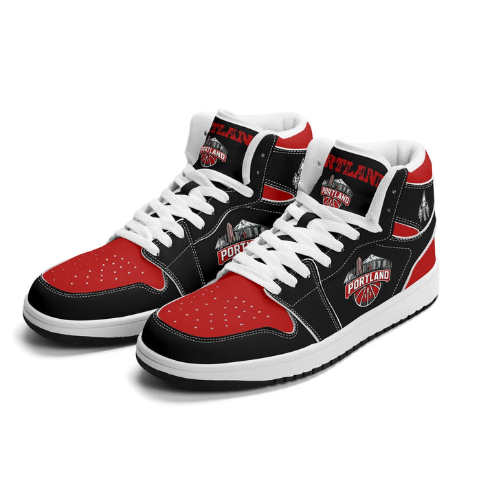 Portland basketball Jamrock High top sneakers in black and red with a rose collar emblem and PORTLAND skyline badge