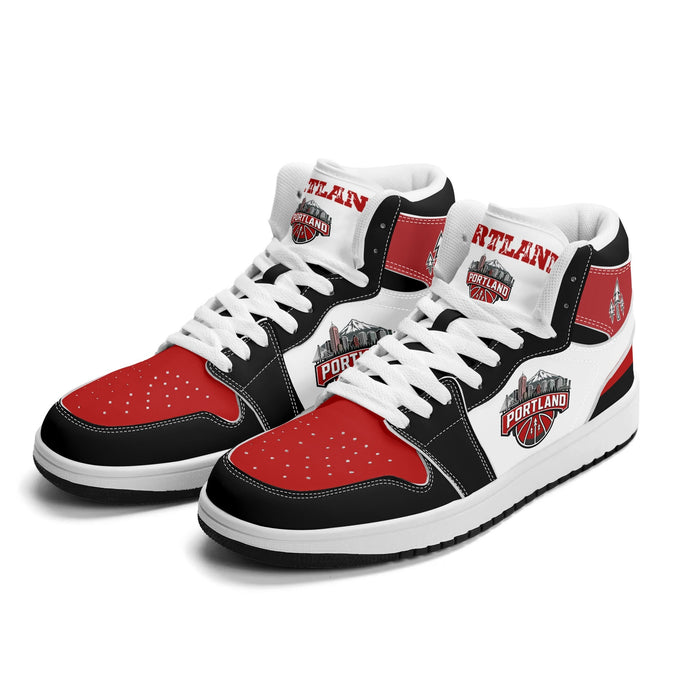Portland basketball Jamrock High top sneakers in white, red and black with a rose collar emblem and PORTLAND skyline badge