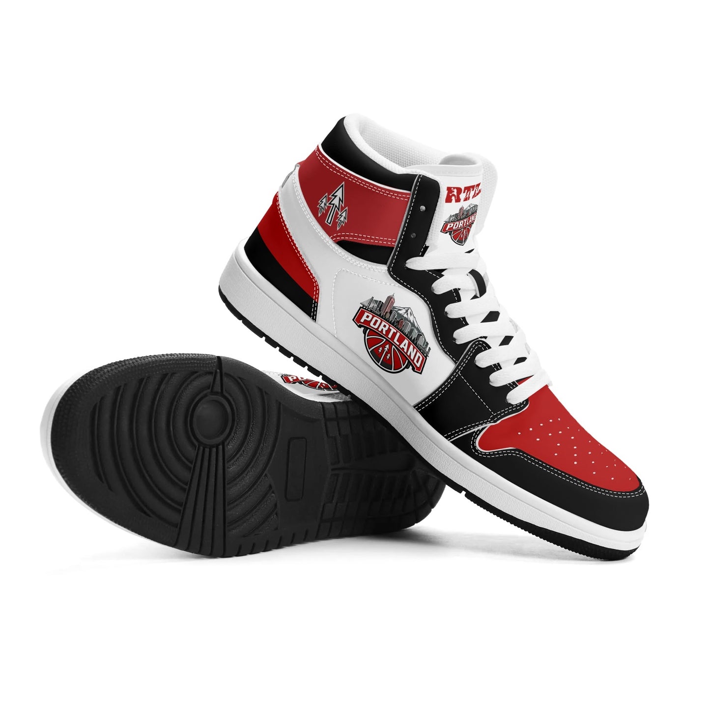 Portland basketball-inspired high top sneakers in white with all-over city graphic printed upper