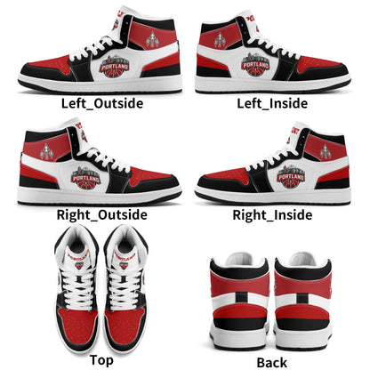 Portland basketball-inspired high top sneakers in white with all-over city graphic printed upper