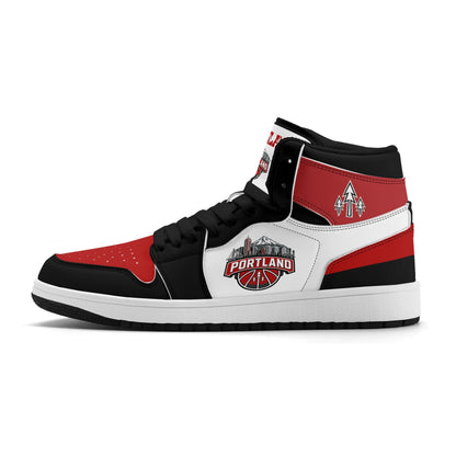 Portland basketball-inspired high top sneakers in white with all-over city graphic printed upper