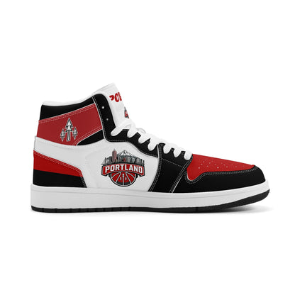 Portland basketball-inspired high top sneakers in white with all-over city graphic printed upper