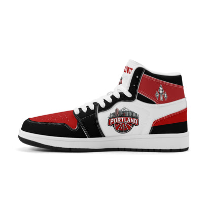 Portland basketball-inspired high top sneakers in white with all-over city graphic printed upper