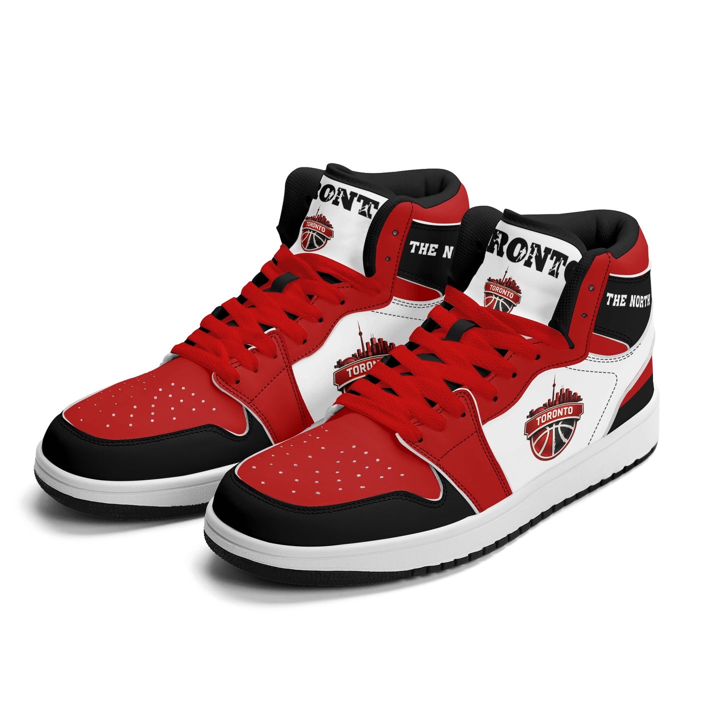 Toronto basketball-inspired Jamrock High top sneakers in red, black and white with The North collar and Toronto CN Tower skyline crest