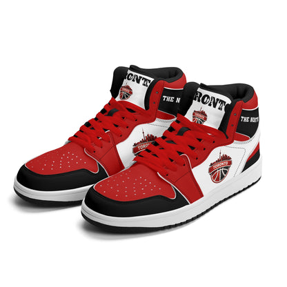 Toronto basketball-inspired Jamrock High top sneakers in red, black and white with The North collar and Toronto CN Tower skyline crest