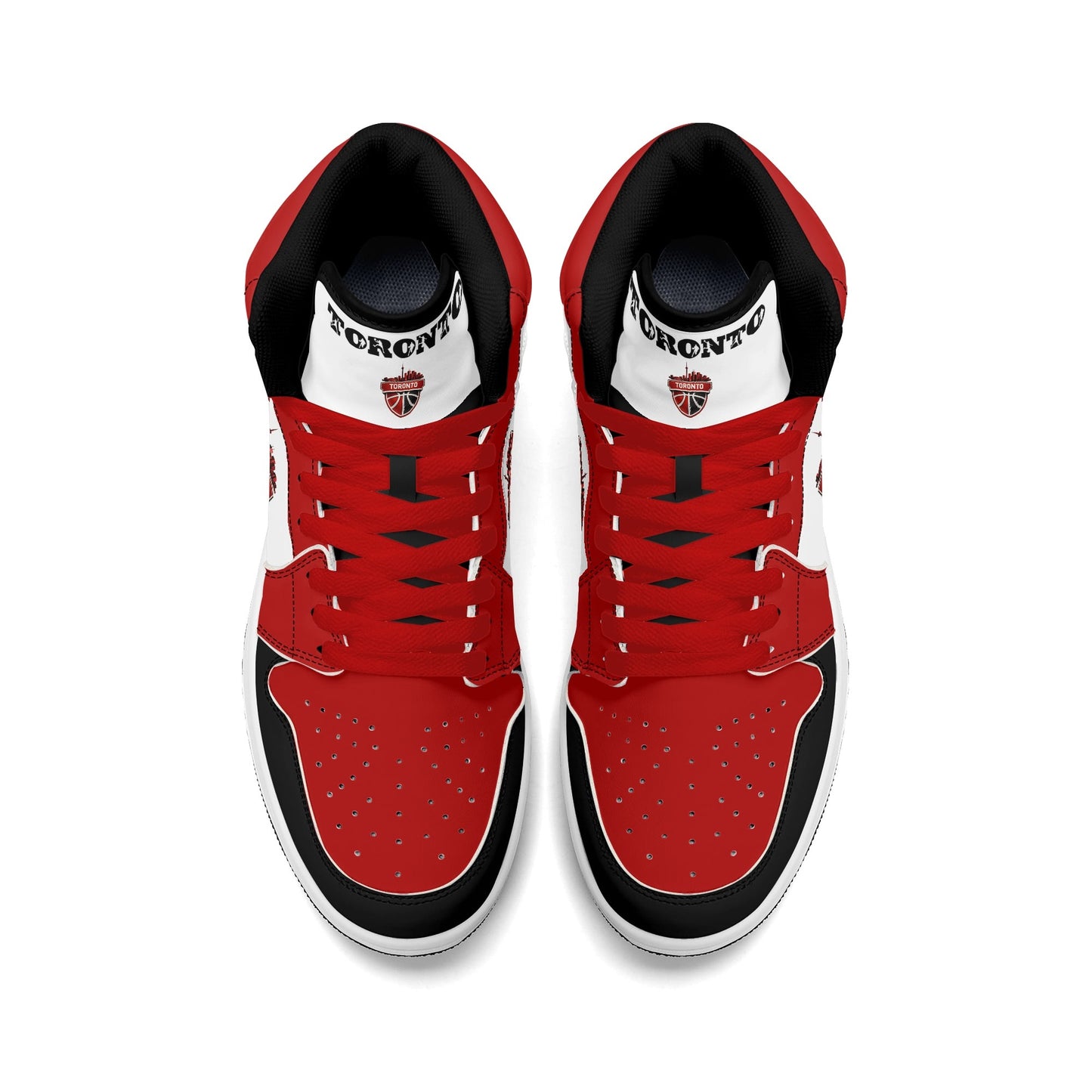 Toronto basketball-inspired Jamrock High top sneakers in red, black and white with The North collar and Toronto CN Tower skyline crest