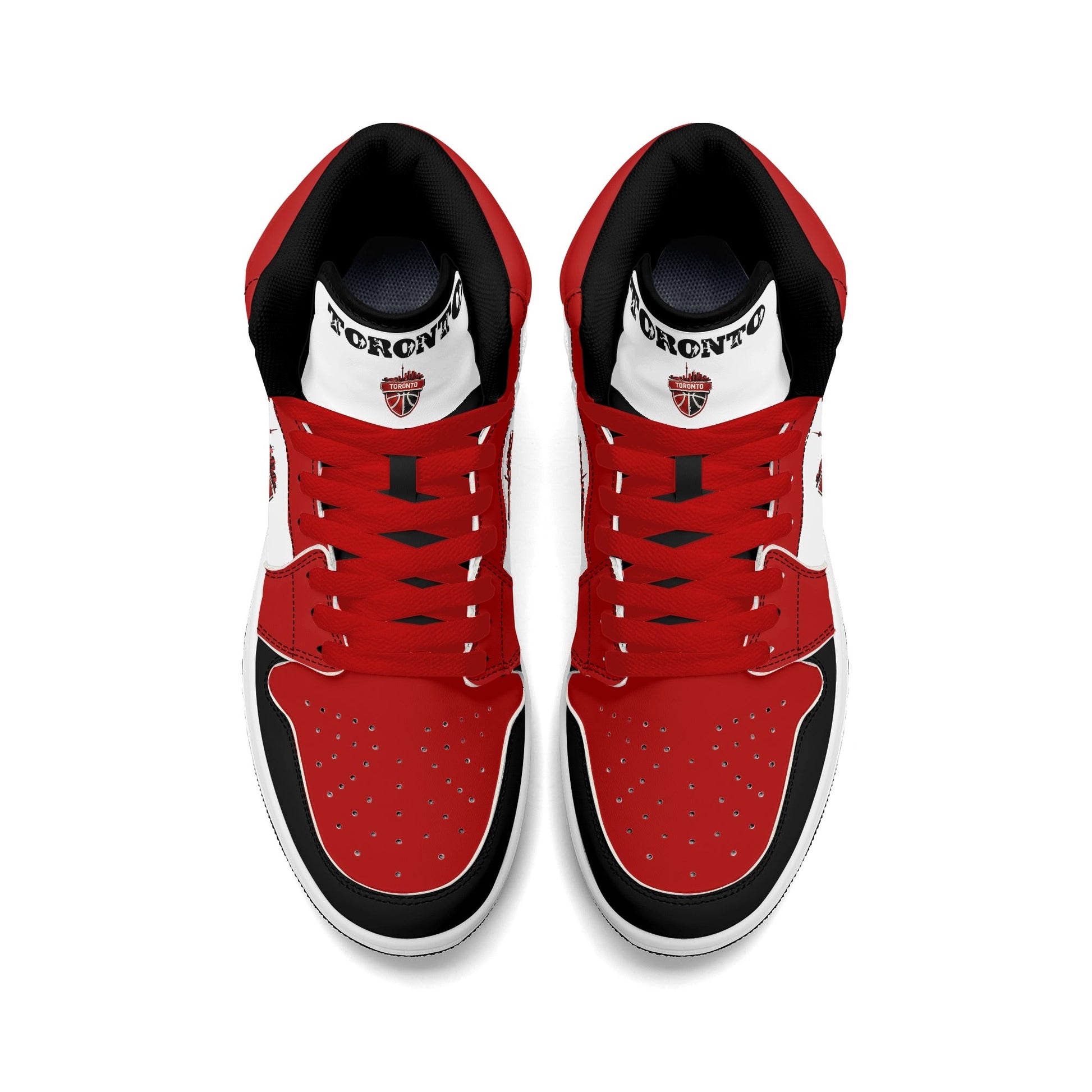 Toronto basketball-inspired Jamrock High top sneakers in red, black and white with The North collar and Toronto CN Tower skyline crest