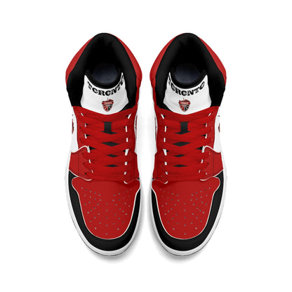 Toronto basketball-inspired Jamrock High top sneakers in red, black and white with The North collar and Toronto CN Tower skyline crest