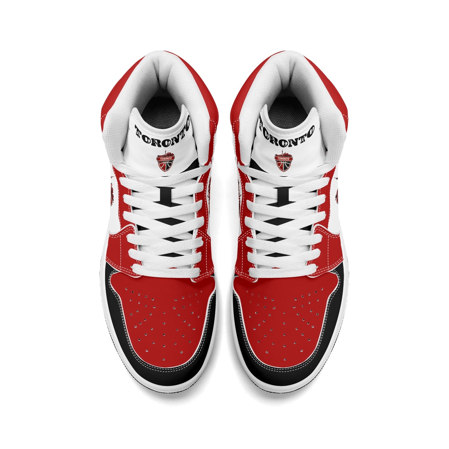 Toronto basketball-inspired Jamrock High top sneakers in red, black and white with The North collar and Toronto CN Tower skyline crest