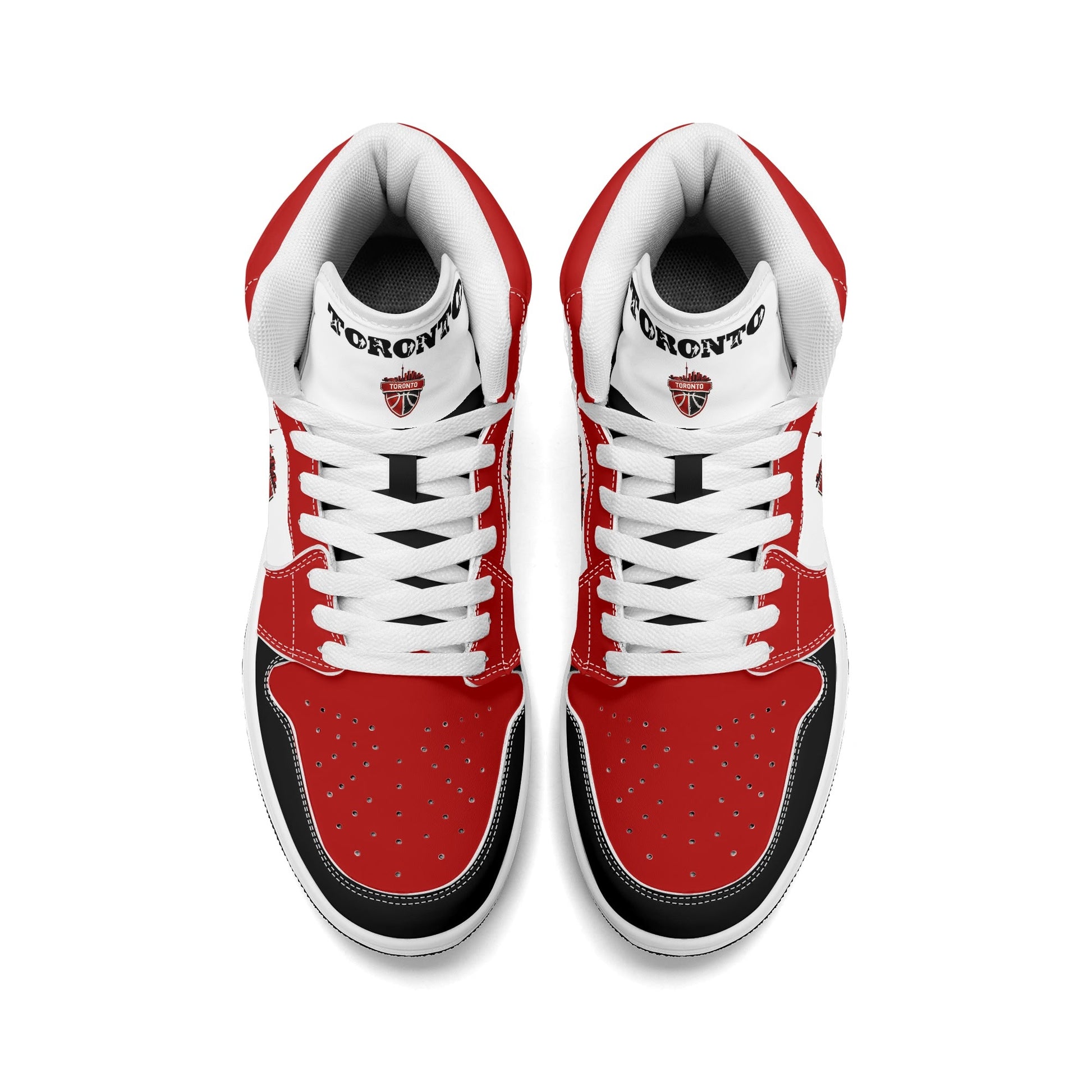 Toronto basketball-inspired Jamrock High top sneakers in red, black and white with The North collar and Toronto CN Tower skyline crest