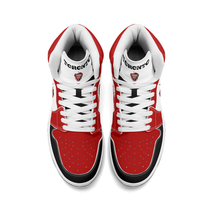 Toronto basketball-inspired Jamrock High top sneakers in red, black and white with The North collar and Toronto CN Tower skyline crest