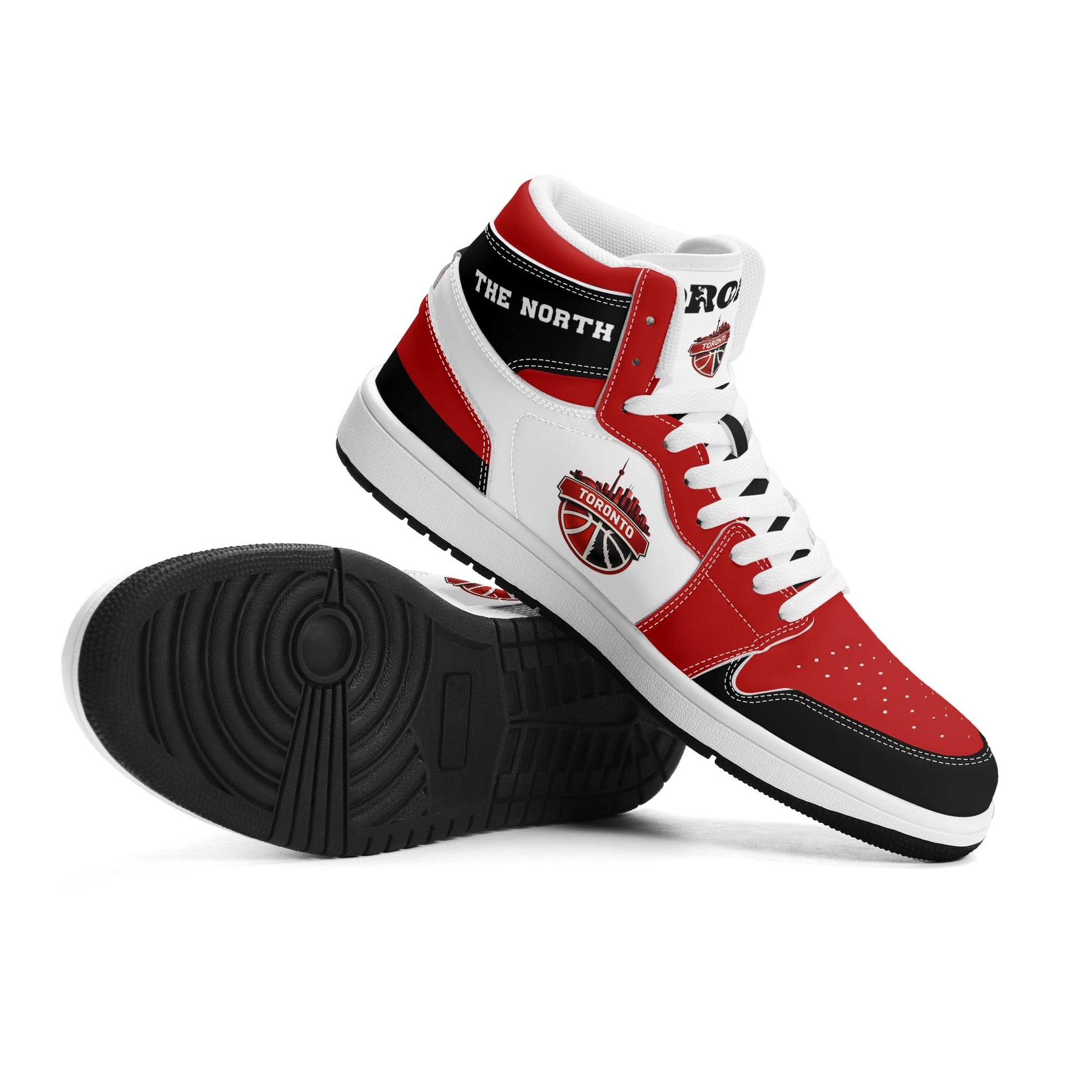 Toronto basketball-inspired Jamrock High top sneakers in red, black and white with The North collar and Toronto CN Tower skyline crest