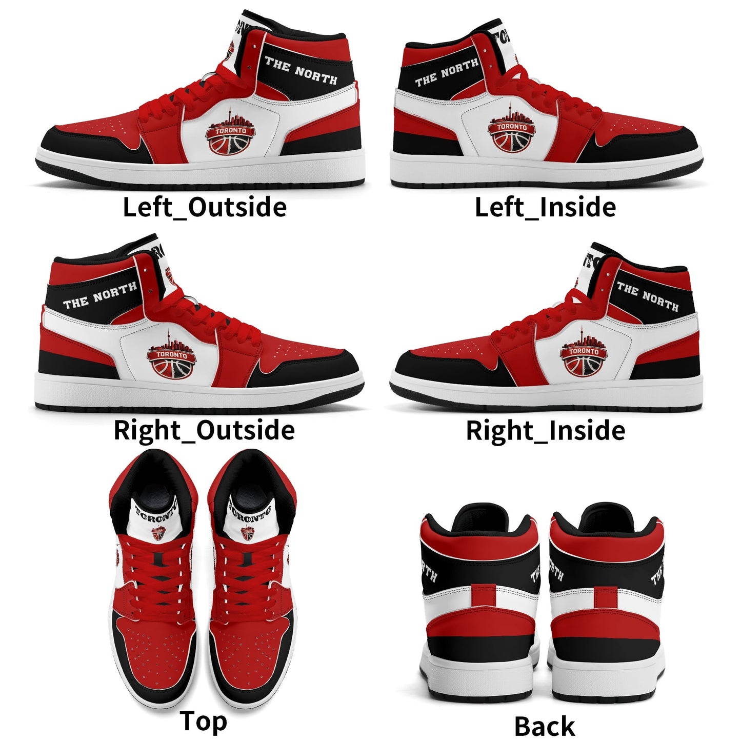 Toronto basketball-inspired Jamrock High top sneakers in red, black and white with The North collar and Toronto CN Tower skyline crest