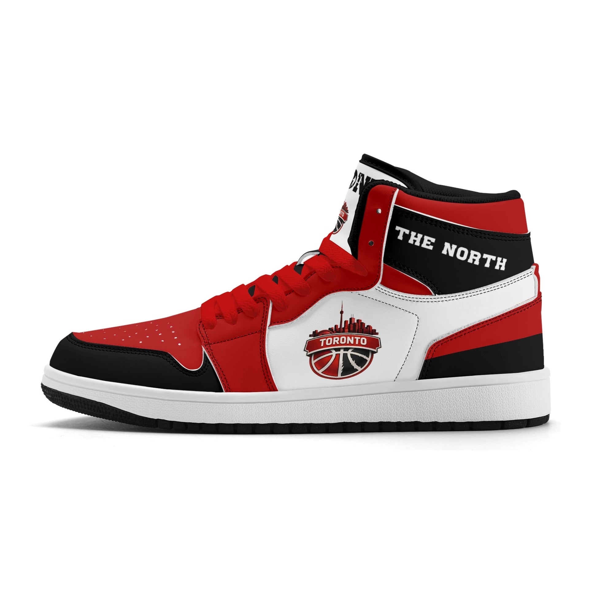 Toronto basketball-inspired Jamrock High top sneakers in red, black and white with The North collar and Toronto CN Tower skyline crest