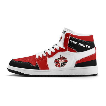 Toronto basketball-inspired Jamrock High top sneakers in red, black and white with The North collar and Toronto CN Tower skyline crest