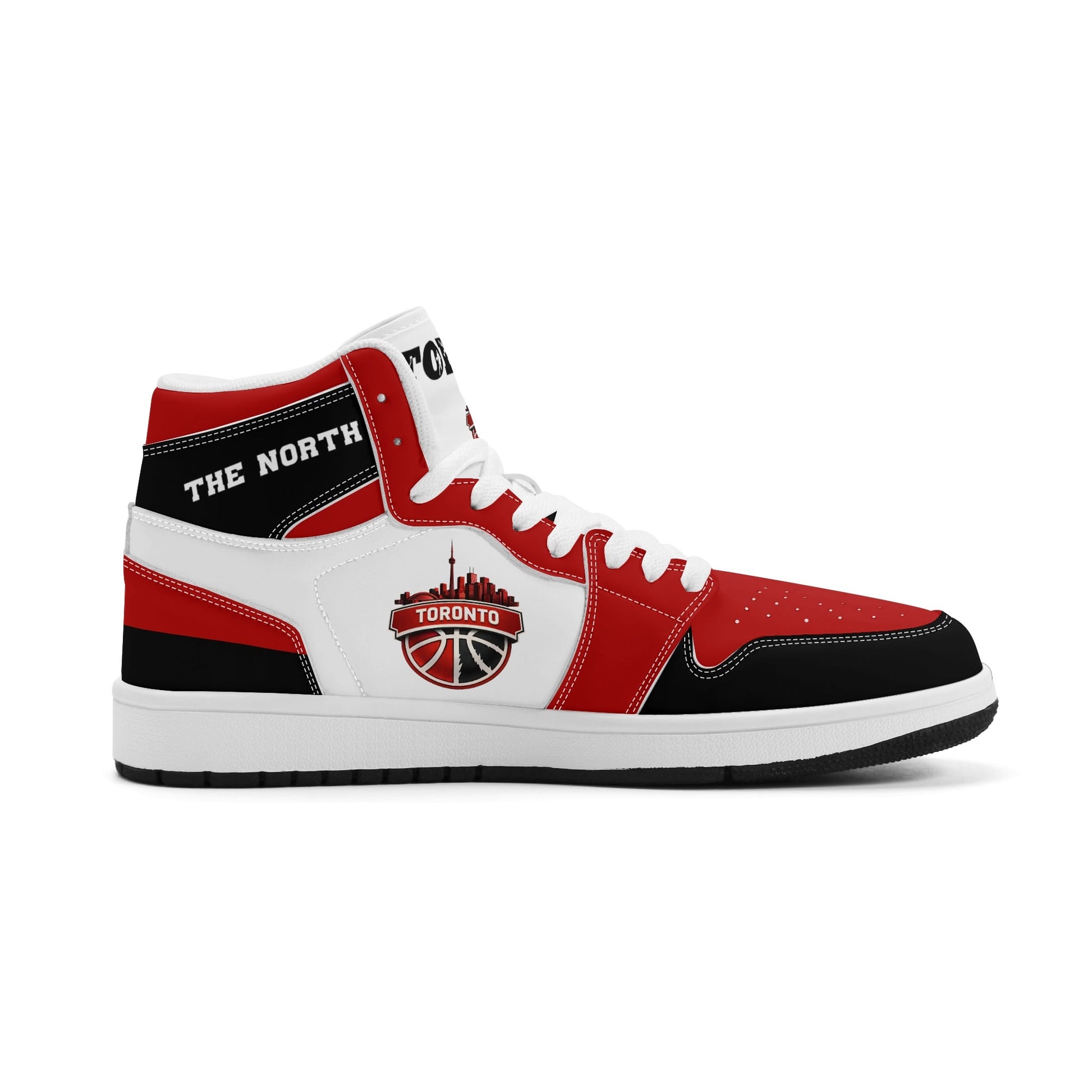 Toronto basketball-inspired Jamrock High top sneakers in red, black and white with The North collar and Toronto CN Tower skyline crest