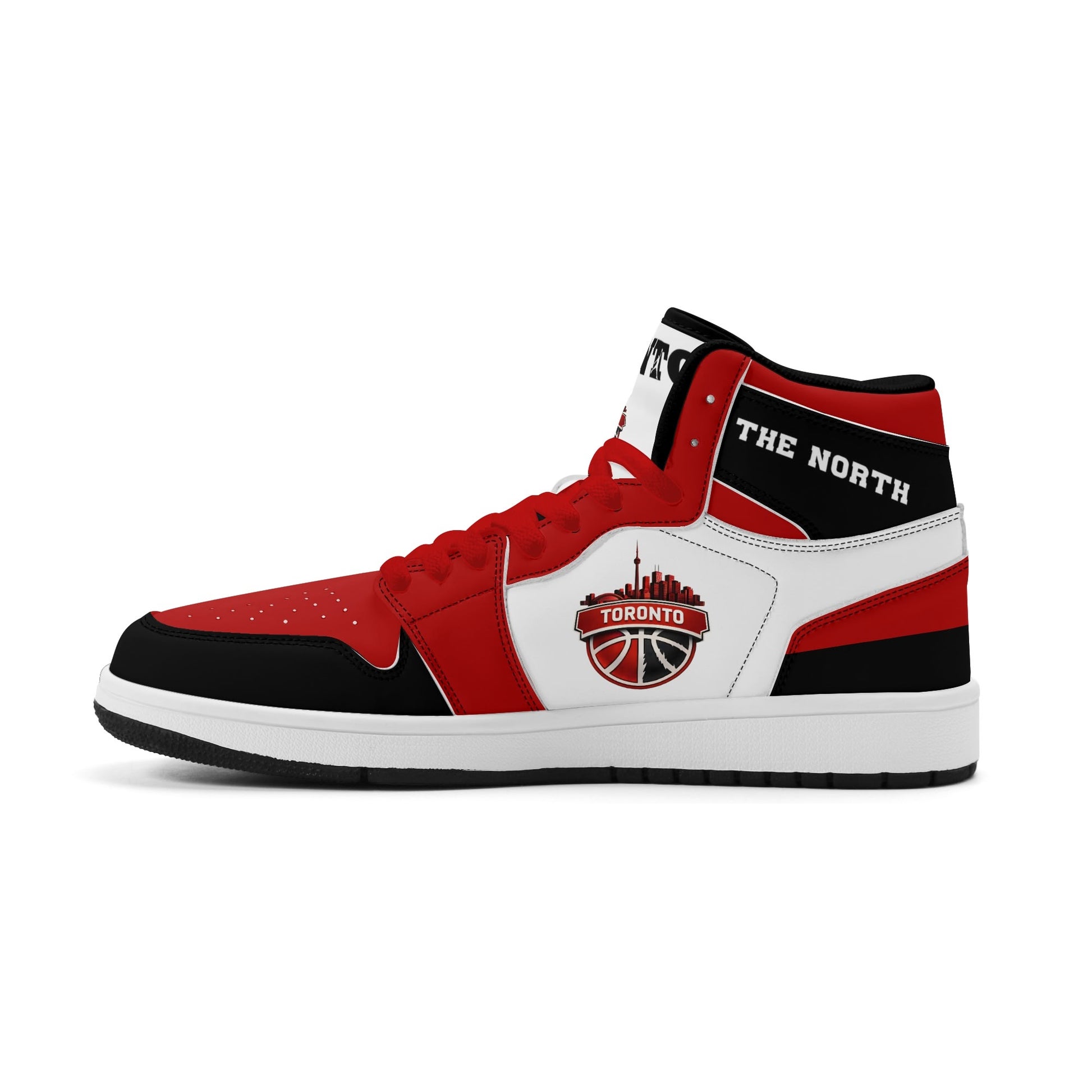 Toronto basketball-inspired Jamrock High top sneakers in red, black and white with The North collar and Toronto CN Tower skyline crest