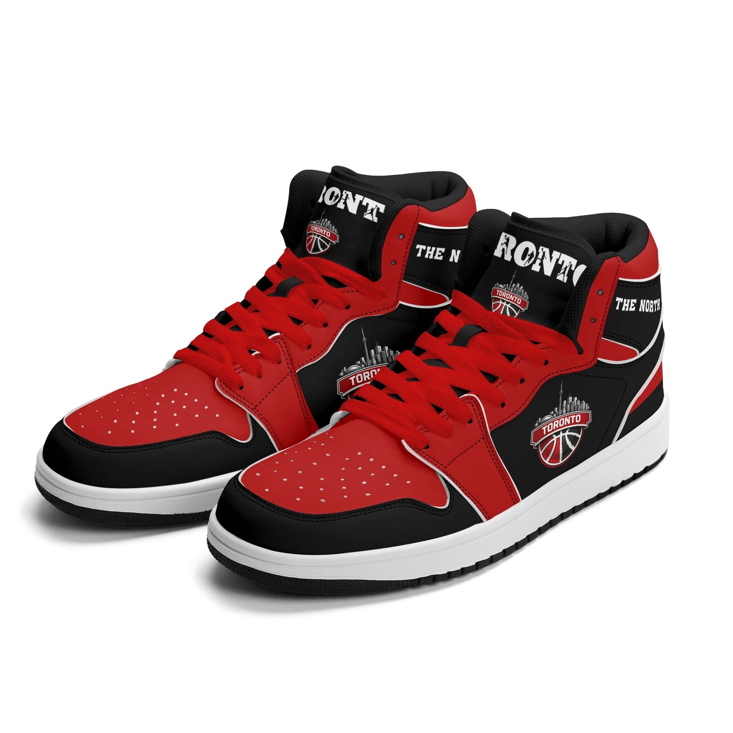 Toronto basketball-inspired Jamrock High top sneakers in black and red with The North collar and Toronto CN Tower skyline crest